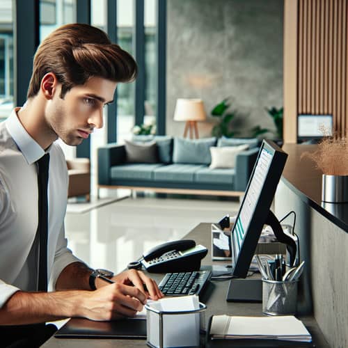 Professional Office Reception with Male Secretary and Office Items