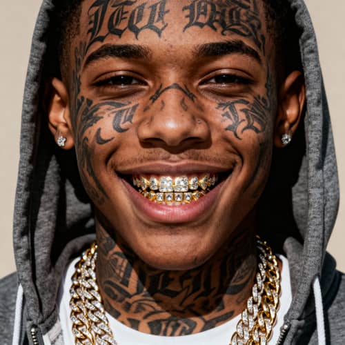 Gang Tattooed Teen Mugshot with Grillz and Chains Gang Tattooed Teen Mugshot with Grillz and Chains