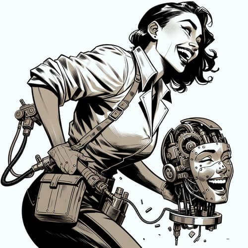 Joyful South Asian Distiller Woman with Dismantled Robot Head - Comic Style