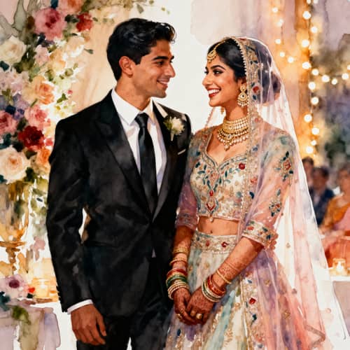 Joyful Wedding Scene: Bride & Groom in Watercolor Joyful Wedding Scene: Bride & Groom in Watercolor