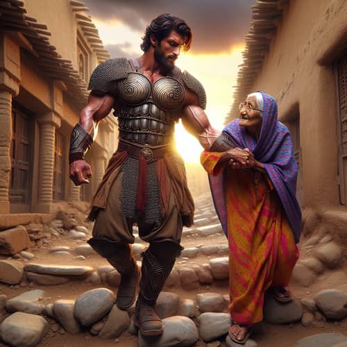 Compassionate Warrior Helping Elderly Woman - Serene Village Scene