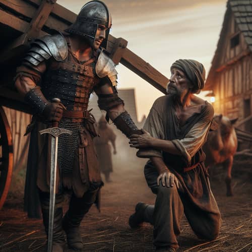 Brave Warrior Helping Frightened Villager in Medieval Countryside
