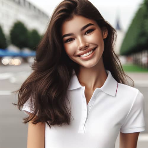 Cheerful Brunette Girl in White Polo Shirt