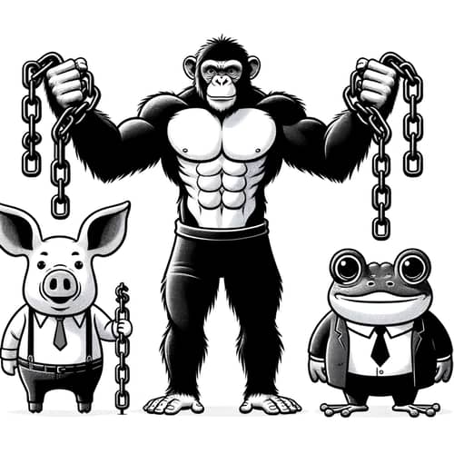 Muscular Chimpanzee Holding Pig and Frog on Chains