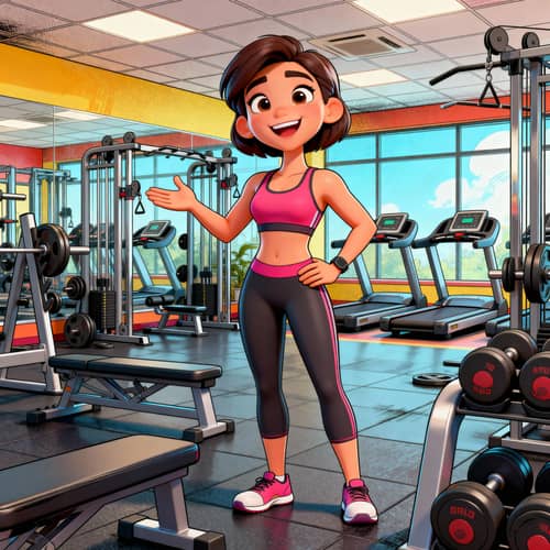 Cheerful Fitness Trainer Character in Gym Illustration Cheerful Fitness Trainer Character in Gym Illustration