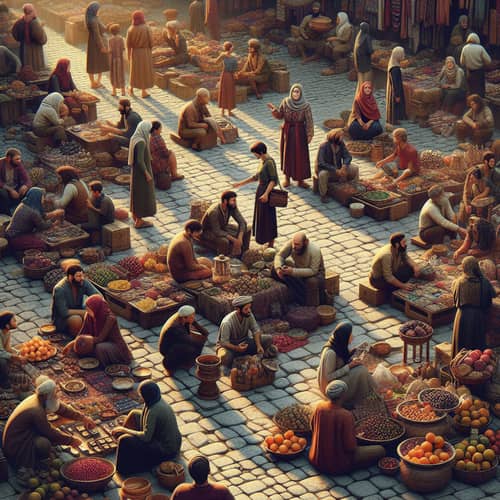 Diverse Market Scene: Bargaining & Trading with Textiles and Fruits