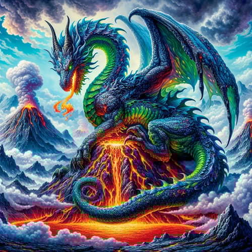 Fierce Dragon on Smoky Volcano - Mystical Fantasy Scene