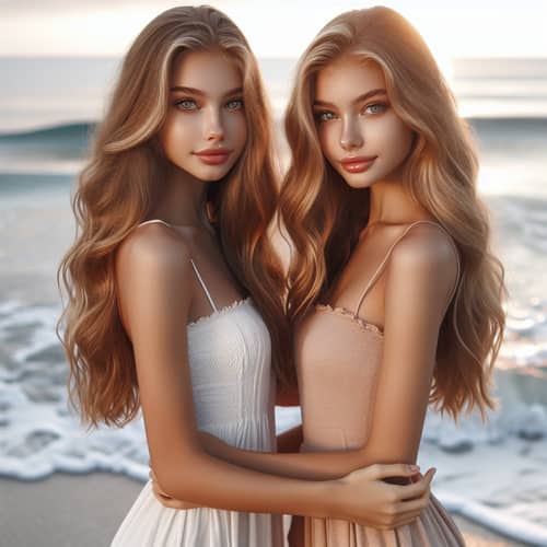 Radiant Sisters at Beach: Youthful Elegance and Sibling Affection