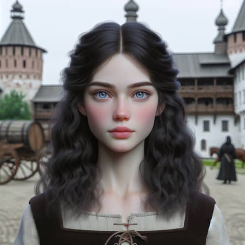 14-Year-Old Girl in Ancient Russian Setting - Black Hair, Blue Eyes