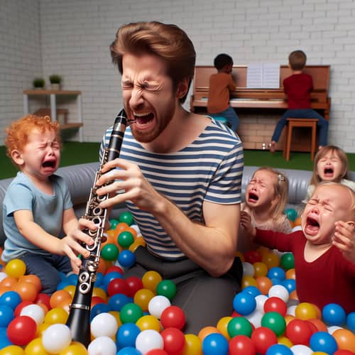 Red-Haired Clarinet Player in Crying Kids Ball Pit