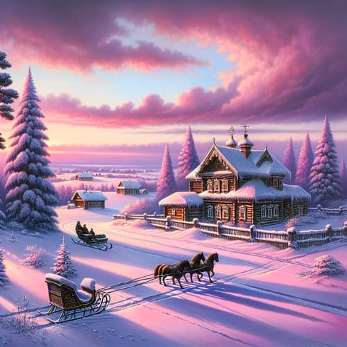 Picturesque Russian Winter Landscape with Wooden Dacha and Troika
