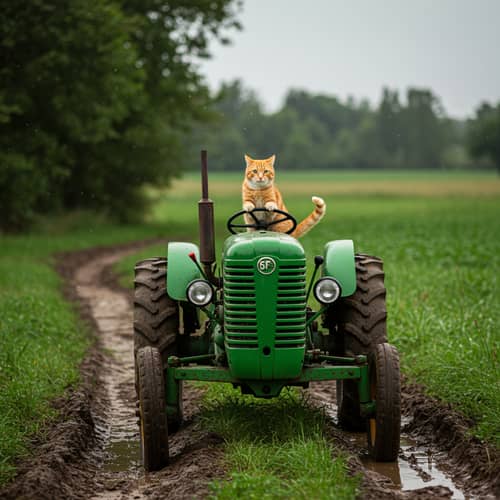Cat Driving Tractor on Muddy Farm Adventure