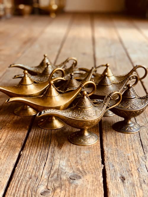 Mystical Genie's Lamps on Rustic Wood Floor Mystical Genie's Lamps on Rustic Wood Floor