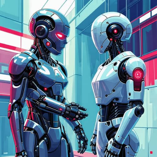 AI-Powered Android Interacts with Robotic AI Assistant in Sci-Fi Style