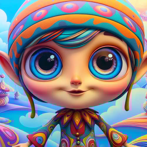 Whimsical Cartoon Character in Vibrant Landscape