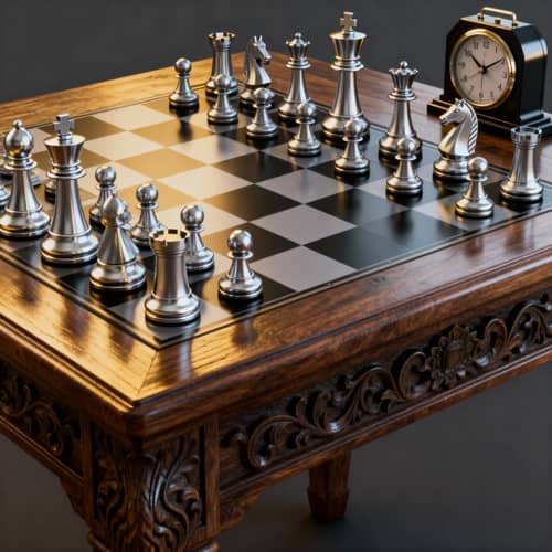 3D Art Chess Table with Chess Pieces & Clock