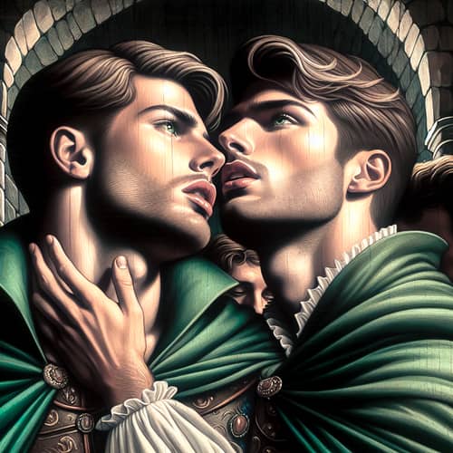 Passionate Embrace of Two White Princes in Green Capes