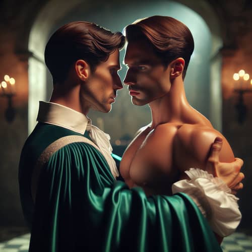 Passionate Embrace of Muscular Princes in Green Capes