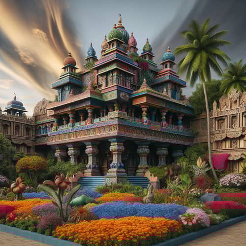 Traditional Indian Style Architecture with Vivid Colors and Intricate Carvings