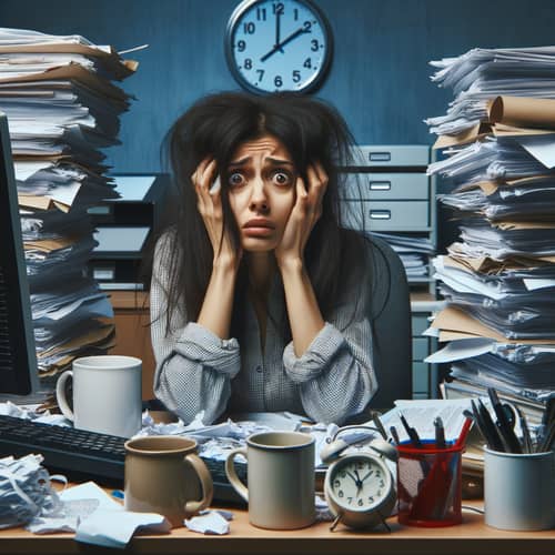 Overwhelmed Middle-Eastern Woman at Late-Night Office Desk