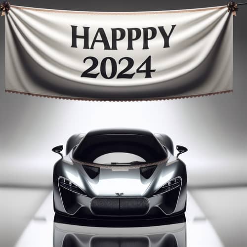 Luxury Sports Car beneath 'Happy 2024' Greeting Banner