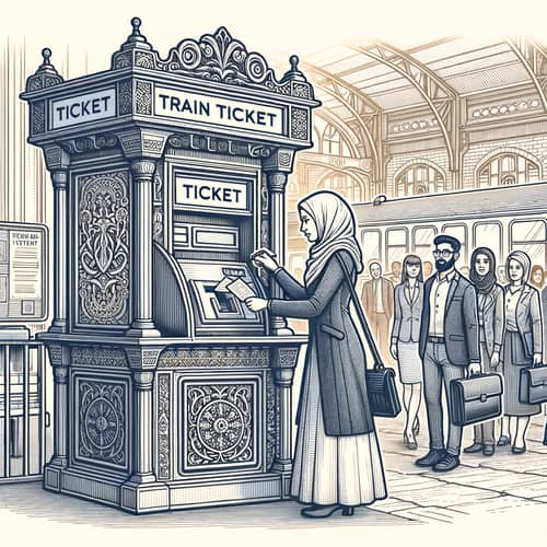 Train Ticket Booking Line Art - Vintage Scene Illustration