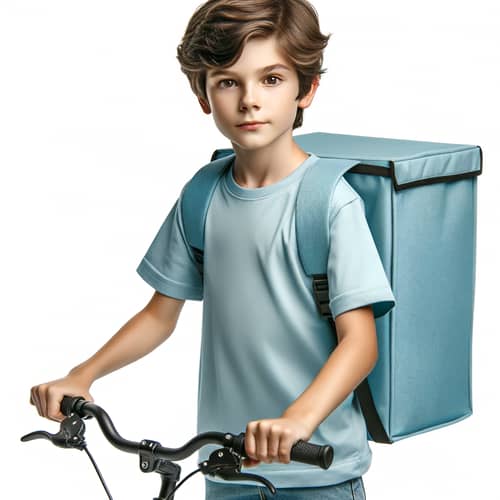 Caucasian Boy Riding Bicycle with Delivery Bag