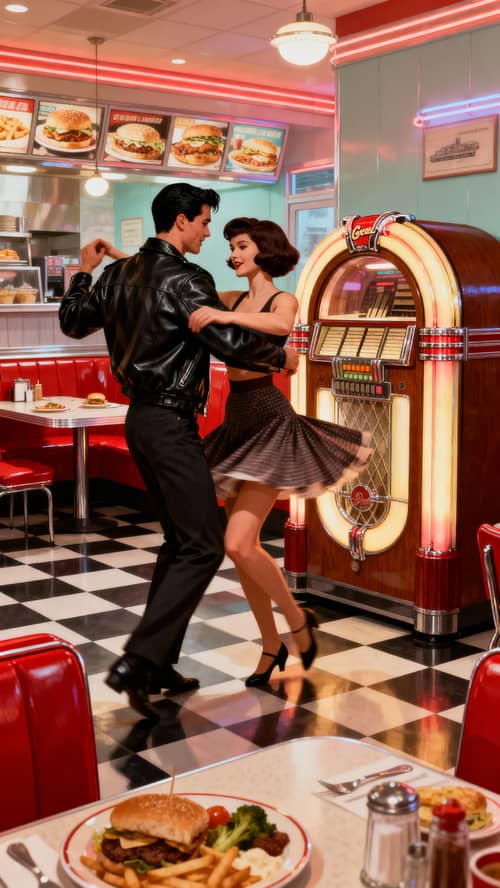 Retro 50s Restaurant Scene with Dancing & Jukebox
