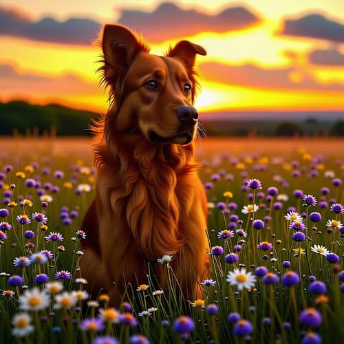 Regal Dog in Wildflower Field at Sunrise - Majestic Photography Session