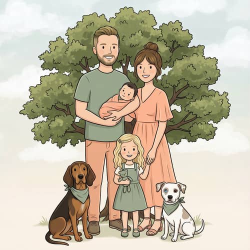 Adorable Cartoon Family with Dogs in Aesthetic Styles Adorable Cartoon Family with Dogs in Aesthetic Styles