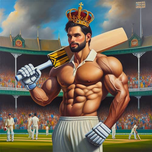 King of Cricket - Muscular man in cricket attire with royal crown