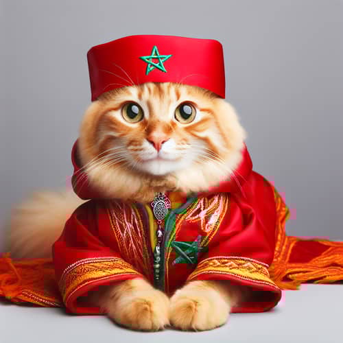 Ginger Cat in Moroccan Attire with Flag | Cultural Tribute