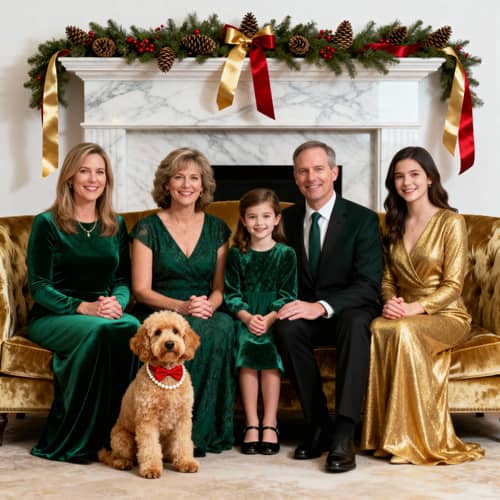Elegant Family Holiday Portraits with Mini Golden Doodle Elegant Family Holiday Portraits with Mini Golden Doodle