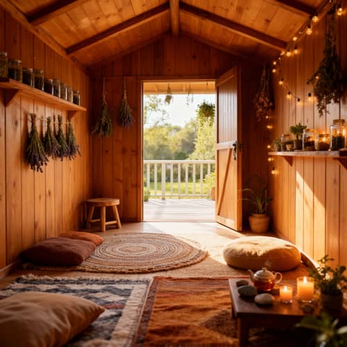 Rustic Wooden Meditation Hut: Inside View & Veranda