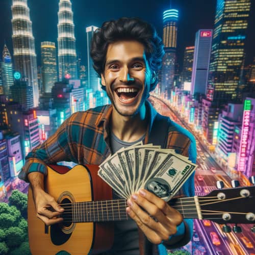 Joyous Hispanic Guitarist with Money in Vibrant City Night