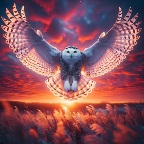 Majestic Snowy Owl in Flight at Sunset | Nature-Inspired & Ethereal