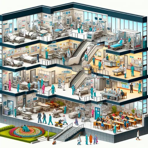 Multi-Story Hospital Busy Hours: ER, Operating Room, Hallways, Registration, Cafeteria