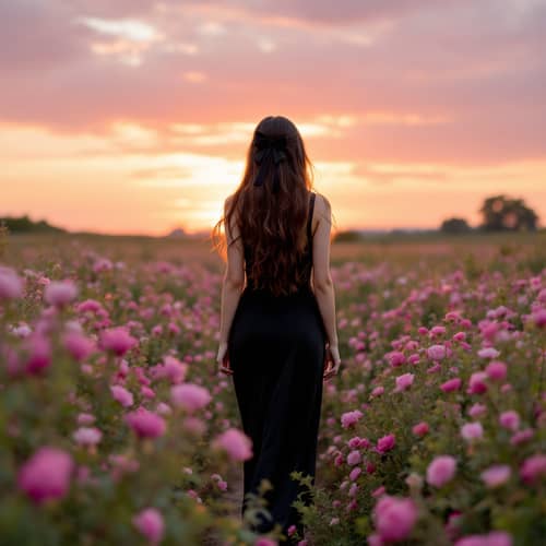 Elegant Woman in Black Dress Amidst Flowers