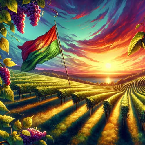 Tranquil Vineyard Sunset Art - Lush Greenery & Sunset Flag