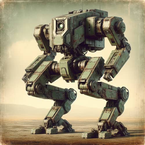 Zaku II - Robotic Military Vehicle in Dark Green on Warzone Background