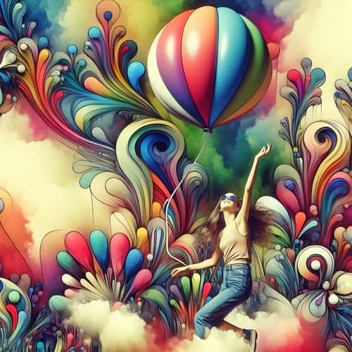 Youthful Caucasian Girl Playing with Vibrant Balloon in Fanciful Garden