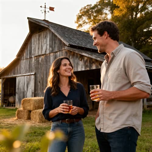 Couple Enjoying Drinks Outside a Barn Couple Enjoying Drinks Outside a Barn