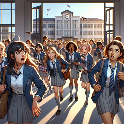 Diverse Schoolgirls Escaping from Imposing School Building