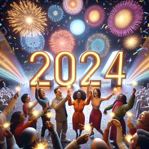 Celebrate Year 2024: Festive 3D Number, Colorful Confetti & Fireworks