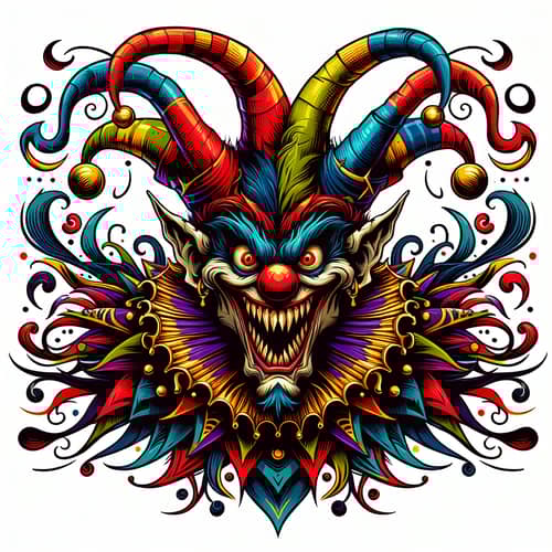 Mischievous Clown Demon with Chaotic Aura and Dramatic Colors