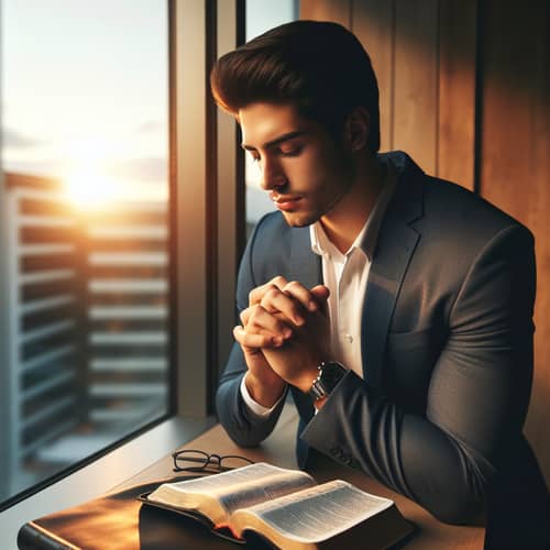 Professional Hispanic Man Meditating on Bible at Office Window