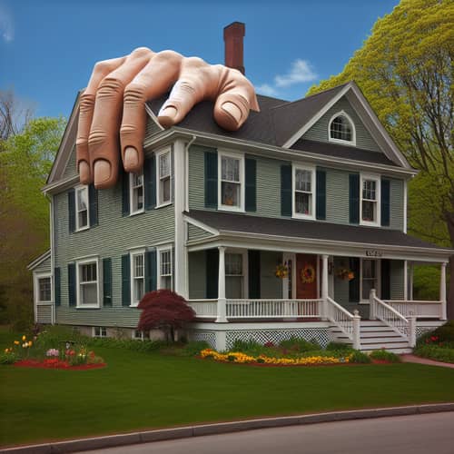 Whimsical Two-Story House with Surreal Hand Architecture
