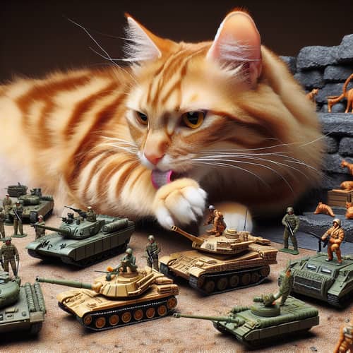 Cat Grooming Near Miniature Military Objects