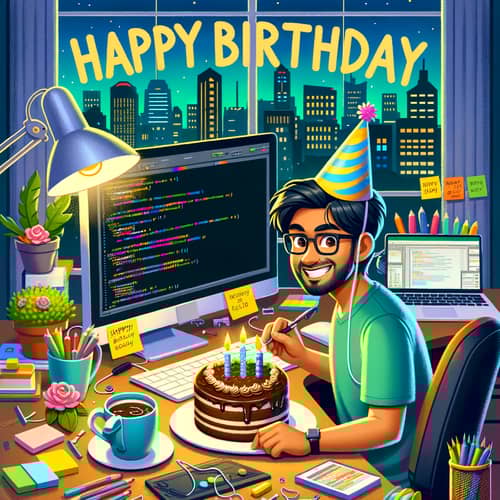 Birthday Card for IT Specialist | Celebration Scene with Coding Script Text