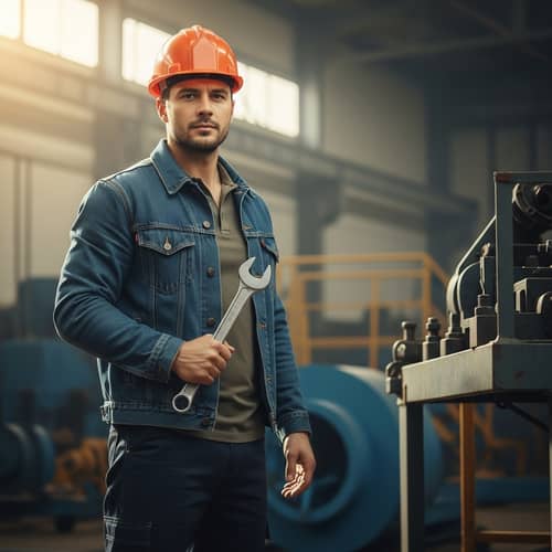 Worker Character in Uniform and Hard Hat